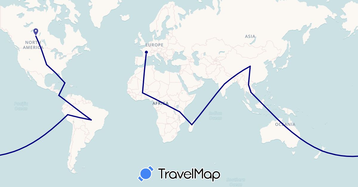 TravelMap itinerary: driving in Burkina Faso, Brazil, Canada, China, Costa Rica, Cuba, France, India, Cambodia, Laos, Madagascar, New Zealand, Peru, Tanzania, United States (Africa, Asia, Europe, North America, Oceania, South America)